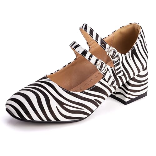 MJIASIAWA Lack Mary Jane Blockabsatz Damen Knöchelriemchen Pumps Hochzeit Square Toe Mädchen Party Schuhe Zebra Gr 48 EU/50 Asiatisch von MJIASIAWA