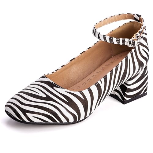 MJIASIAWA Lack Mary Jane Blockabsatz Damen Knöchelriemchen Pumps Hochzeit Square Toe Mädchen Party Schuhe Zebra Gr 50 EU/52 Asiatisch von MJIASIAWA