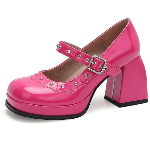 MJIASIAWA Lack Mary Jane Knöchelriemchen Damen Plateau Höhe Ferse Runde Zehen Damen Chunky Heel Party Schuhe Rose-Rot Gr 41 EU/43 Asiatisch von MJIASIAWA