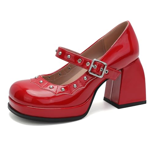 MJIASIAWA Lack Mary Jane Knöchelriemchen Damen Plateau Höhe Ferse Runde Zehen Damen Chunky Heel Party Schuhe Rot Gr 38 EU/39 Asiatisch von MJIASIAWA