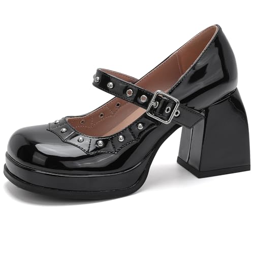 MJIASIAWA Lack Mary Jane Knöchelriemchen Damen Plateau Höhe Ferse Runde Zehen Damen Chunky Heel Party Schuhe Schwarz Gr 35 EU von MJIASIAWA