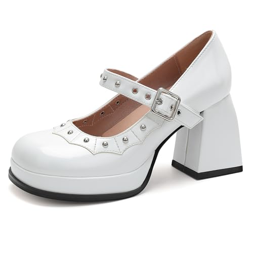 MJIASIAWA Lack Mary Jane Knöchelriemchen Damen Plateau Höhe Ferse Runde Zehen Damen Chunky Heel Party Schuhe Weiß Gr 40.5 EU/42 Asiatisch von MJIASIAWA