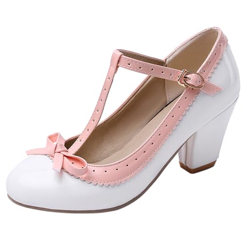 MJIASIAWA Lack Mary Jane T-Spange Damen Block Schuhe Hochzeit Party Runde Zehen Damen Prom Lovely Bogen Schuhe Schnalle Weiß Gr 38 EU/39 Asiatisch von MJIASIAWA