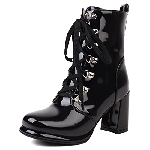 MJIASIAWA Lack Military Damen Runde Zehen Schnüren Stiefeletten Mode Plateau Blockabsatz Biker Stiefeletten Warm Party Kleid Schwarz Gr 45 EU/47 Asiatisch von MJIASIAWA