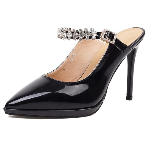MJIASIAWA Lack Mule Stilettos Damen Pointed Toe Pantoffeln Glitzersteine Bride Hochzeit Sandalen Plateau Hausschuhe Pantoffeln Schwarz Gr 39 EU/40 Asiatisch von MJIASIAWA