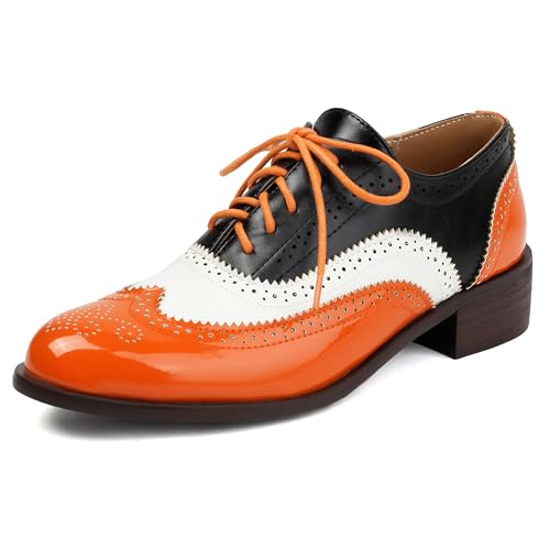 MJIASIAWA Lack Oxford Derby Damen Schnüren Buro Arbeit Schuhe Brogue Runde Zehen Business Low Blockabsatz Pumps Mens Schuhe Orange Gr 42 EU/44 Asiatisch von MJIASIAWA