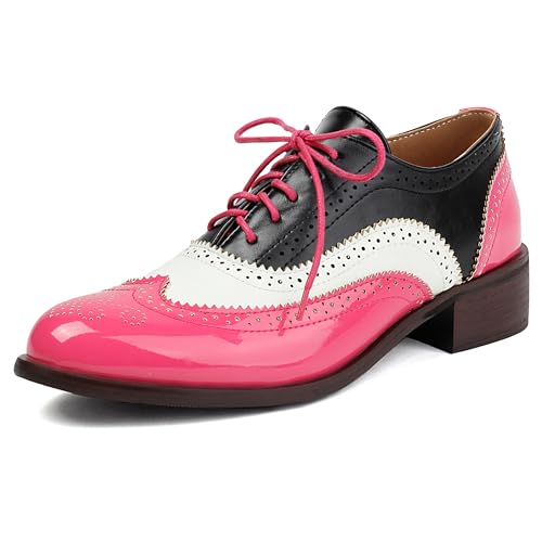 MJIASIAWA Lack Oxford Derby Damen Schnüren Buro Arbeit Schuhe Brogue Runde Zehen Business Low Blockabsatz Pumps Mens Schuhe Rose-Rot Gr 42 EU/44 Asiatisch von MJIASIAWA