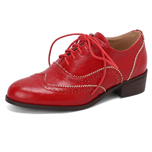 MJIASIAWA Lack Oxford Derby Damen Schnüren Buro Arbeit Schuhe Brogue Runde Zehen Business Low Blockabsatz Pumps Mens Schuhe Rot Gr 34 EU von MJIASIAWA