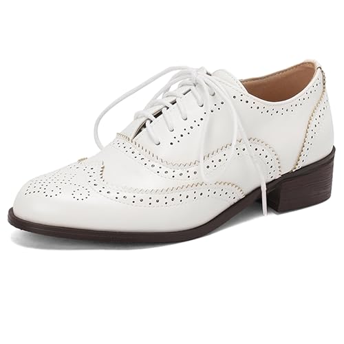 MJIASIAWA Lack Oxford Derby Damen Schnüren Buro Arbeit Schuhe Brogue Runde Zehen Business Low Blockabsatz Pumps Mens Schuhe Weiß Gr 43 EU/45 Asiatisch von MJIASIAWA