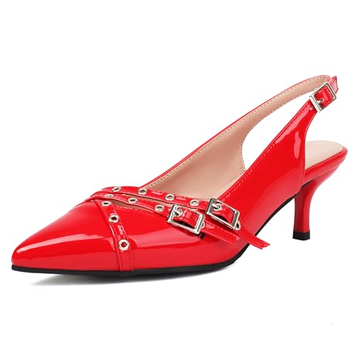 MJIASIAWA Lack Stiletto Damen Slingback Mode Kitten Heel Pumps Schnalle Strap Elegant Abend Pointed Toe Schuhe Party Rot Gr 37 EU/38 Asiatisch von MJIASIAWA