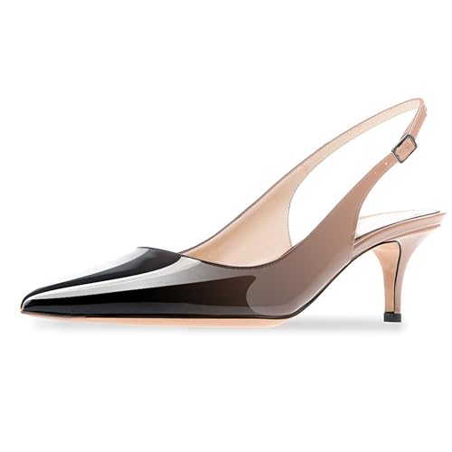 MJIASIAWA Lack Stiletto Kitten Schuhe Damen Slingback Schuhe Hochzeit Formal Arbeit Pointed Toe Pumps Aprikose-Schwarz Gr 34 EU von MJIASIAWA