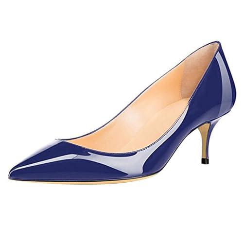 MJIASIAWA Lack Stiletto Kitten Schuhe Damen Slingback Schuhe Hochzeit Formal Arbeit Pointed Toe Pumps Blau Gr 35 EU von MJIASIAWA