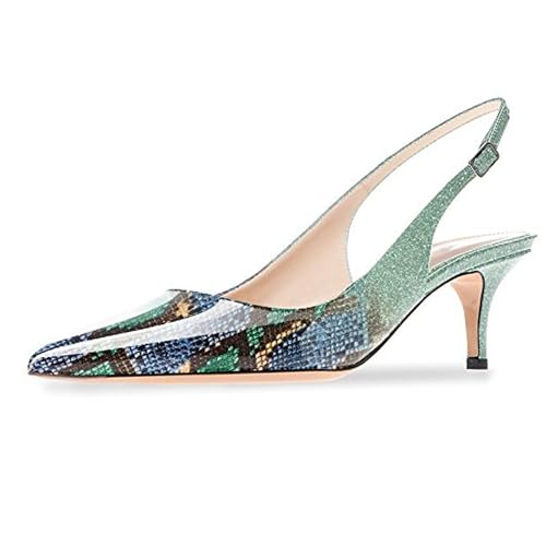 MJIASIAWA Lack Stiletto Kitten Schuhe Damen Slingback Schuhe Hochzeit Formal Arbeit Pointed Toe Pumps Grün-Snakeskin Gr 43 EU/45 Asiatisch von MJIASIAWA