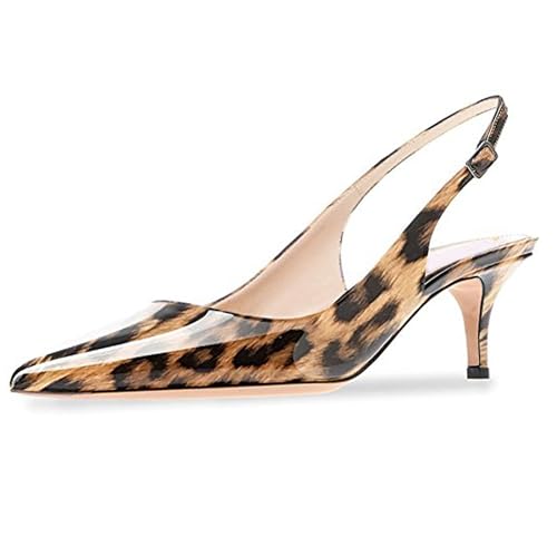 MJIASIAWA Lack Stiletto Kitten Schuhe Damen Slingback Schuhe Hochzeit Formal Arbeit Pointed Toe Pumps Leopard Gr 40 EU/41 Asiatisch von MJIASIAWA