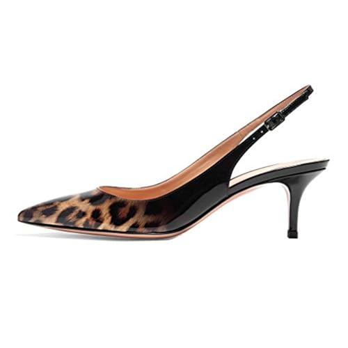 MJIASIAWA Lack Stiletto Kitten Schuhe Damen Slingback Schuhe Hochzeit Formal Arbeit Pointed Toe Pumps Leopard-Schwarz Gr 40.5 EU/42 Asiatisch von MJIASIAWA