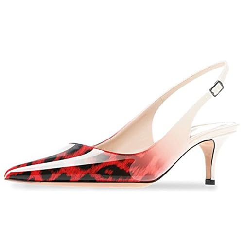 MJIASIAWA Lack Stiletto Kitten Schuhe Damen Slingback Schuhe Hochzeit Formal Arbeit Pointed Toe Pumps Rot-Leopard Gr 36 EU von MJIASIAWA