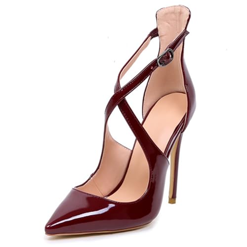 MJIASIAWA Lack Stilettos Damen Pointed Toe Kleidsy Sandals Schnalle Strappy Abend Formal Höhe Ferse Rotwein Gr 35 EU von MJIASIAWA