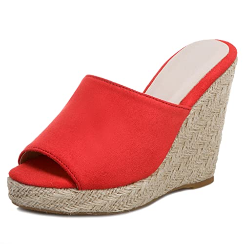 MJIASIAWA Leisure Pantoffeln Damen Offene Zeh Keilabsatz Plateau Pantoletten Espadrilles Sandalen Sommer Comfy Draußen Pantoffeln Mode Rot Gr 45 EU/47 Asiatisch von MJIASIAWA