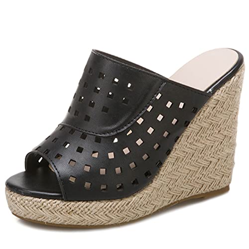 MJIASIAWA Leisure Pantoffeln Damen Offene Zeh Keilabsatz Plateau Pantoletten Espadrilles Sandalen Sommer Comfy Draußen Pantoffeln Mode Schwarz Gr 46 EU/48 Asiatisch von MJIASIAWA