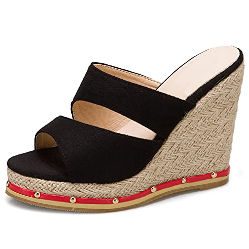 MJIASIAWA Leisure Pantoffeln Damen Offene Zeh Keilabsatz Plateau Pantoletten Espadrilles Sandalen Sommer Comfy Draußen Pantoffeln Mode Schwarz Gr 48 EU/50 Asiatisch von MJIASIAWA