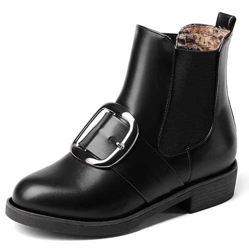 MJIASIAWA Mädchen Schuluniform Komfort Chelsea Stiefel Ohne Verschluss Runde Zehen Damen Buro Arbeit Winter Warm Ankle Stiefeletten Niedrige Absatz Schwarz Gr 36 EU von MJIASIAWA