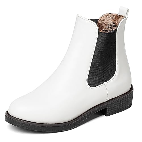 MJIASIAWA Mädchen Schuluniform Komfort Chelsea Stiefel Ohne Verschluss Runde Zehen Damen Buro Arbeit Winter Warm Ankle Stiefeletten Niedrige Absatz Weiß Gr 39 EU/40 Asiatisch von MJIASIAWA