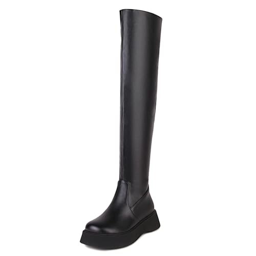 MJIASIAWA Mädchen Schuluniform Komfort Plateau Stretch Stiefel Mode Runde Zehen Winter Knee High Riding Booty Overknees Schwarz Gr 35 EU von MJIASIAWA