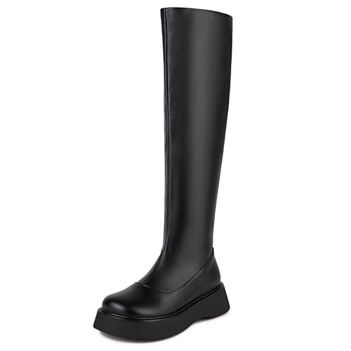 MJIASIAWA Mädchen Schuluniform Komfort Plateau Stretch Stiefel Mode Runde Zehen Winter Knee High Riding Booty Overknees Schwarz Gr 38 EU/39 Asiatisch von MJIASIAWA