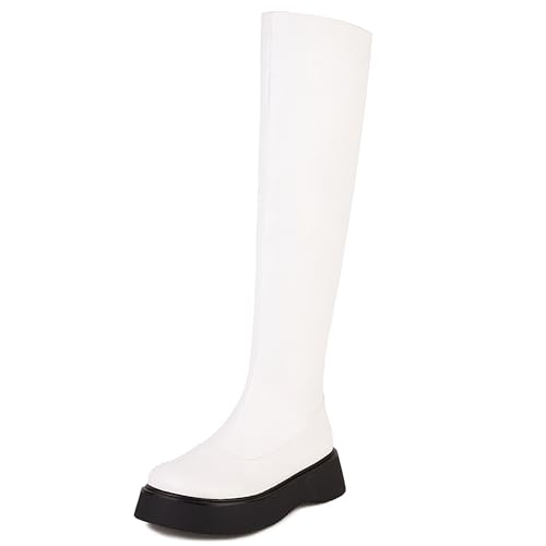 MJIASIAWA Mädchen Schuluniform Komfort Plateau Stretch Stiefel Mode Runde Zehen Winter Knee High Riding Booty Overknees Weiß Gr 40 EU/41 Asiatisch von MJIASIAWA