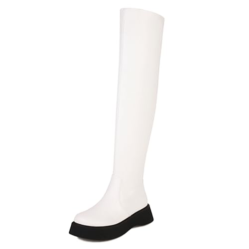 MJIASIAWA Mädchen Schuluniform Komfort Plateau Stretch Stiefel Mode Runde Zehen Winter Knee High Riding Booty Overknees Weiß Gr 40.5 EU/42 Asiatisch von MJIASIAWA