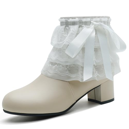 MJIASIAWA Mädchen Schuluniform Runde Zehen Blockabsatz Stiefeletten Winter Chelsea Ruffles Schnüren Brogue Military Bogen Stiefeletten Aprikose Gr 43 EU/45 Asiatisch von MJIASIAWA