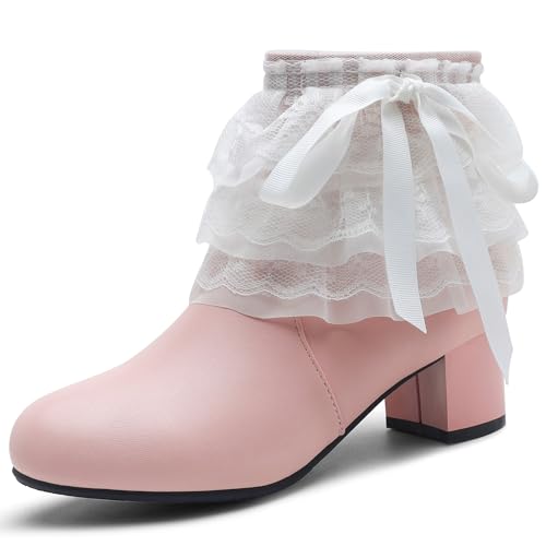 MJIASIAWA Mädchen Schuluniform Runde Zehen Blockabsatz Stiefeletten Winter Chelsea Ruffles Schnüren Brogue Military Bogen Stiefeletten Pink Gr 38 EU/39 Asiatisch von MJIASIAWA