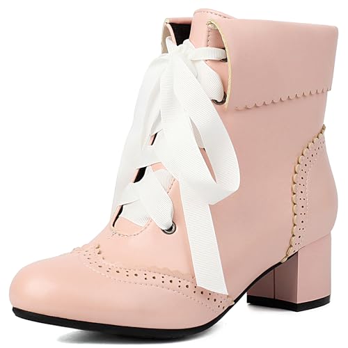 MJIASIAWA Mädchen Schuluniform Runde Zehen Blockabsatz Stiefeletten Winter Chelsea Ruffles Schnüren Brogue Military Bogen Stiefeletten Pink Gr 44 EU/46 Asiatisch von MJIASIAWA