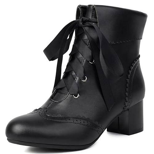 MJIASIAWA Mädchen Schuluniform Runde Zehen Blockabsatz Stiefeletten Winter Chelsea Ruffles Schnüren Brogue Military Bogen Stiefeletten Schwarz Gr 34 EU von MJIASIAWA