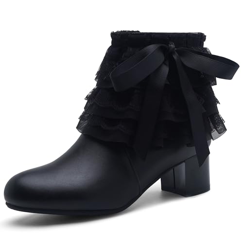 MJIASIAWA Mädchen Schuluniform Runde Zehen Blockabsatz Stiefeletten Winter Chelsea Ruffles Schnüren Brogue Military Bogen Stiefeletten Schwarz Gr 40 EU/41 Asiatisch von MJIASIAWA