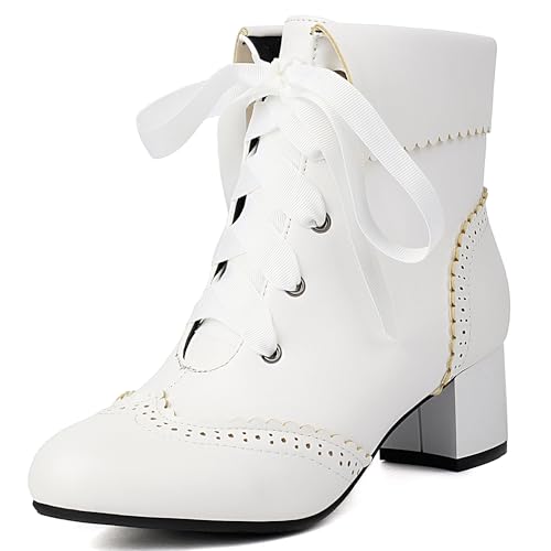 MJIASIAWA Mädchen Schuluniform Runde Zehen Blockabsatz Stiefeletten Winter Chelsea Ruffles Schnüren Brogue Military Bogen Stiefeletten Weiß Gr 32 EU von MJIASIAWA