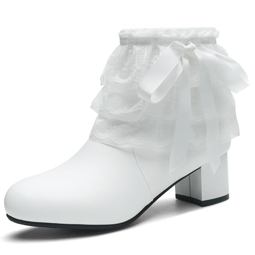 MJIASIAWA Mädchen Schuluniform Runde Zehen Blockabsatz Stiefeletten Winter Chelsea Ruffles Schnüren Brogue Military Bogen Stiefeletten Weiß Gr 38 EU/39 Asiatisch von MJIASIAWA