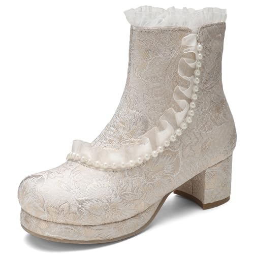 MJIASIAWA Mädchen Schuluniform Runde Zehen Ruffles Stiefeletten Lovely Blockabsatz Winter Party Plateau Chelsea Stiefeletten Zip Beige Gr 35 EU von MJIASIAWA