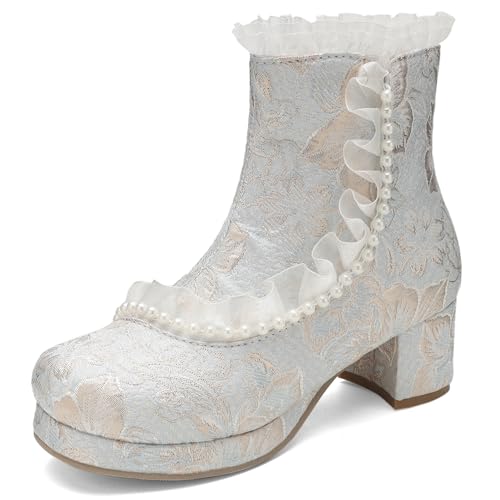 MJIASIAWA Mädchen Schuluniform Runde Zehen Ruffles Stiefeletten Lovely Blockabsatz Winter Party Plateau Chelsea Stiefeletten Zip Blau Gr 37 EU/38 Asiatisch von MJIASIAWA