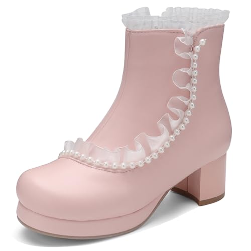 MJIASIAWA Mädchen Schuluniform Runde Zehen Ruffles Stiefeletten Lovely Blockabsatz Winter Party Plateau Chelsea Stiefeletten Zip Pink Gr 40 EU/41 Asiatisch von MJIASIAWA