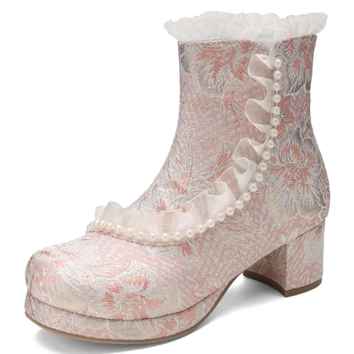 MJIASIAWA Mädchen Schuluniform Runde Zehen Ruffles Stiefeletten Lovely Blockabsatz Winter Party Plateau Chelsea Stiefeletten Zip Pink Gr 45 EU/47 Asiatisch von MJIASIAWA