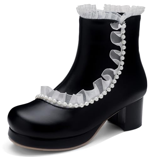 MJIASIAWA Mädchen Schuluniform Runde Zehen Ruffles Stiefeletten Lovely Blockabsatz Winter Party Plateau Chelsea Stiefeletten Zip Schwarz Gr 33 EU von MJIASIAWA