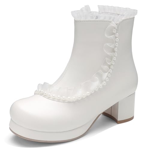 MJIASIAWA Mädchen Schuluniform Runde Zehen Ruffles Stiefeletten Lovely Blockabsatz Winter Party Plateau Chelsea Stiefeletten Zip Weiß Gr 34 EU von MJIASIAWA