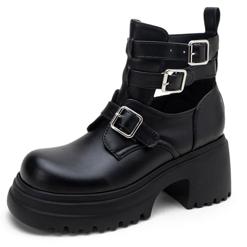 MJIASIAWA Mädchen Sommer Schuluniform Runde Zehen Chunky Plateau Stiefeletten Gothic Chelsea Damen Schnalle Mode Stiefeletten Blockabsatz Schwarz Gr 40.5 EU/42 Asiatisch von MJIASIAWA