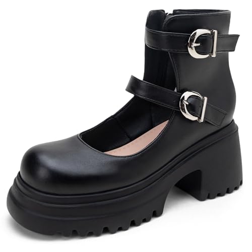 MJIASIAWA Mädchen Sommer Schuluniform Runde Zehen Chunky Plateau Stiefeletten Gothic Chelsea Damen Schnalle Mode Stiefeletten Blockabsatz Schwarz Gr 40.5 EU/42 Asiatisch von MJIASIAWA
