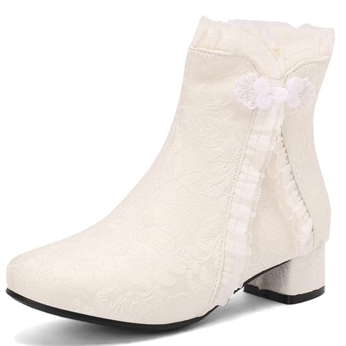 MJIASIAWA Mädchen Winter Schuluniform Runde Zehen Lovely Bogen Stiefel Komfort Low Blockabsatz Zip Warm Chelsea Stiefeletten Party Beige Gr 38 EU/39 Asiatisch von MJIASIAWA