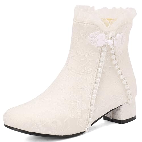 MJIASIAWA Mädchen Winter Schuluniform Runde Zehen Lovely Bogen Stiefel Komfort Low Blockabsatz Zip Warm Chelsea Stiefeletten Party Beige Gr 39 EU/40 Asiatisch von MJIASIAWA