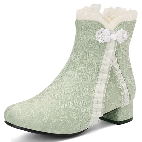 MJIASIAWA Mädchen Winter Schuluniform Runde Zehen Lovely Bogen Stiefel Komfort Low Blockabsatz Zip Warm Chelsea Stiefeletten Party Grün Gr 32 EU von MJIASIAWA