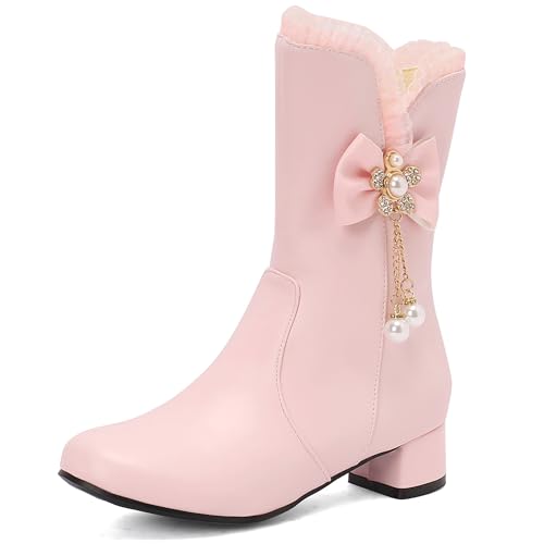 MJIASIAWA Mädchen Winter Schuluniform Runde Zehen Lovely Bogen Stiefel Komfort Low Blockabsatz Zip Warm Chelsea Stiefeletten Party Pink Gr 34 EU von MJIASIAWA