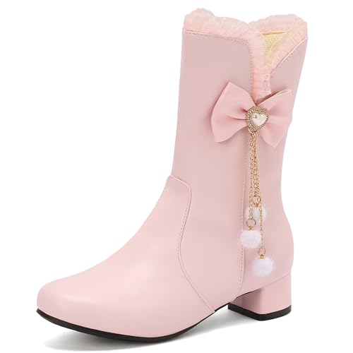 MJIASIAWA Mädchen Winter Schuluniform Runde Zehen Lovely Bogen Stiefel Komfort Low Blockabsatz Zip Warm Chelsea Stiefeletten Party Pink Gr 40 EU/41 Asiatisch von MJIASIAWA